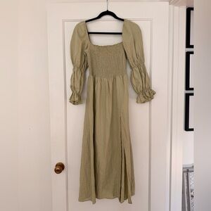 Reformation Linen Puff Sleeved Dress in Sage